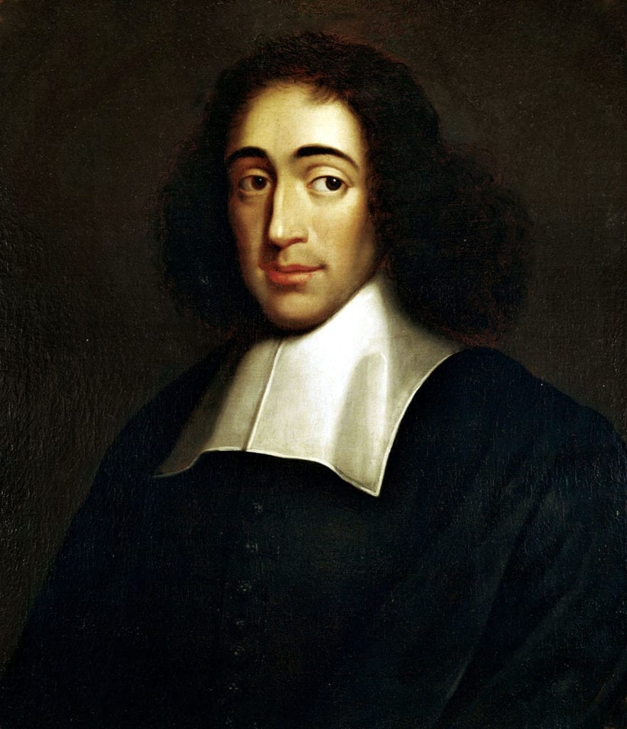 Portrait of Baruch de Spinoza with long hair dressed in black and white