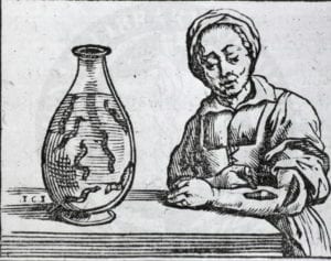 Woodcut of a woman applying leeches