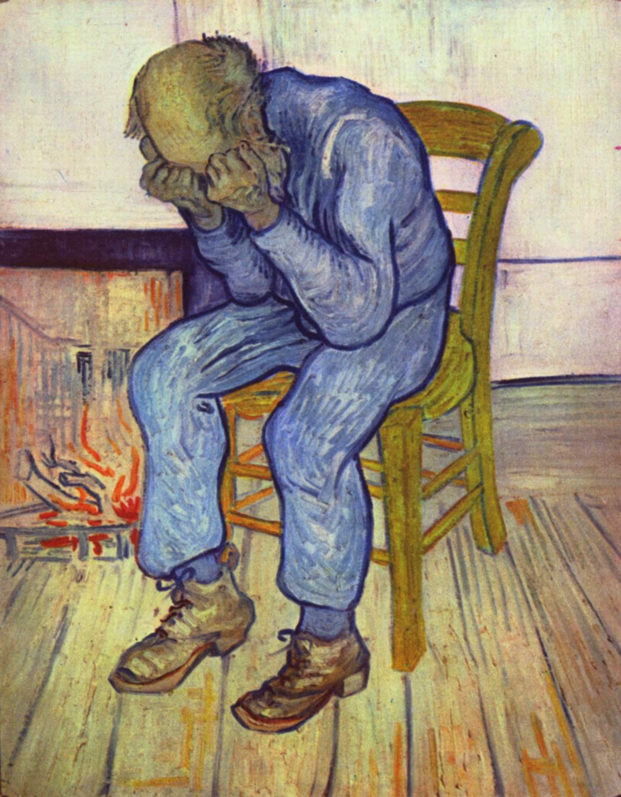 Painting of man bent over holding head in hands