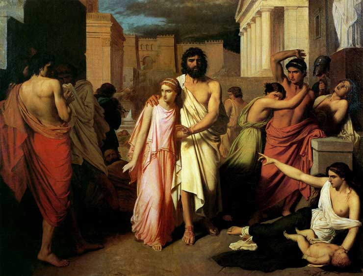 A woman in a pink dress defensively leads her blind father out of a crowd where people point and look disgusted with them, painting is also known as "The Plague of Thebes"