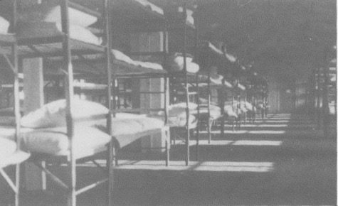 Rows and rows of three-level bunk beds