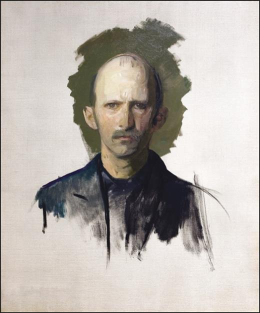 Bust self portrait of Thayer, a bald man with a mustache and a dark shirt and coat. His head is surrounded by green paint while the whole piece is on a white background and his shoulder and chest become sketchlike and indistinct.