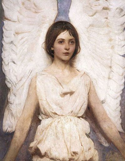 A winged girl with brown hair and eyes in a white belted tunic looking off somewhere indistinct