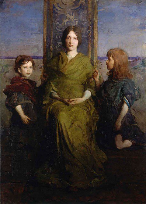 Woman in green sitting on throne flanked by a boy on her right, looking at the viewer, and a girl on her left, holding up flowers to her.