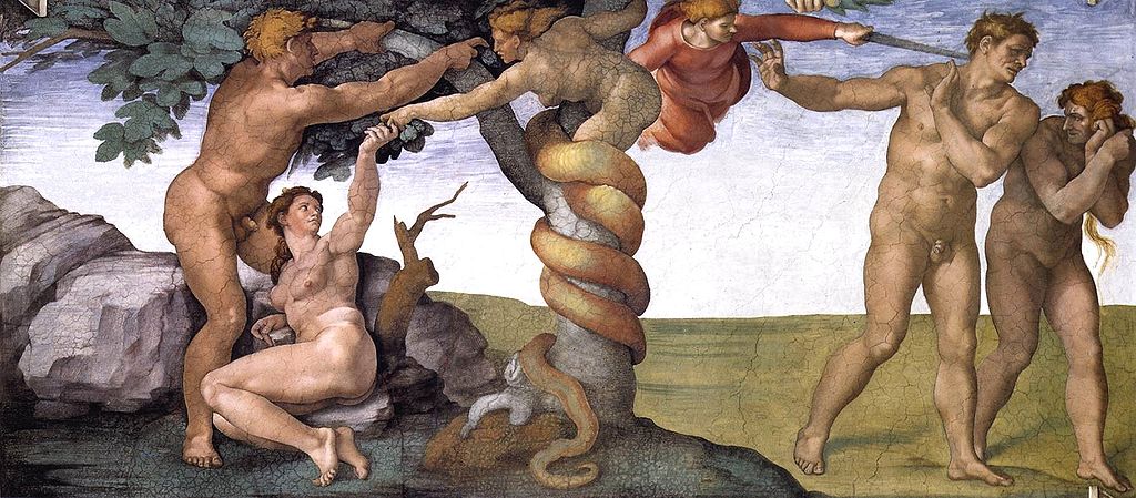 Adam and Eve touching the serpent in the tree of life