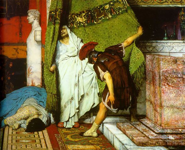 Claudius hiding behind the curtain