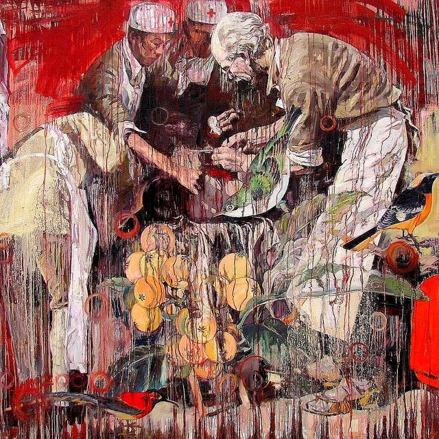 Painting of Canadian Dr. Norman Bethune in surgery with Chinese assistants. The person being operated on is covered by birds and mandarin oranges. The painting is on a red background.