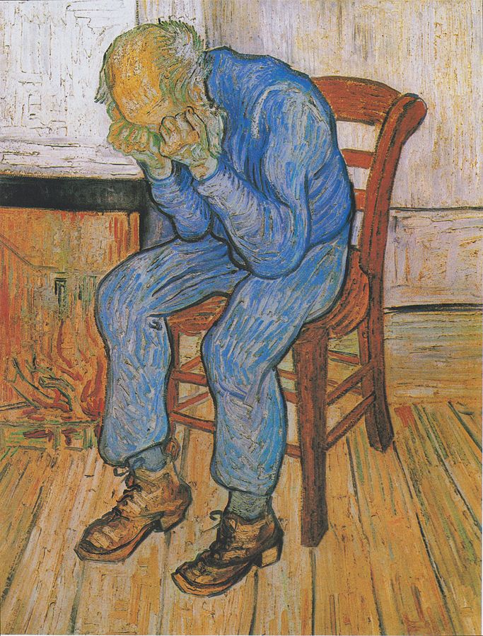 image of man in chair with hands over his face by Van Gogh