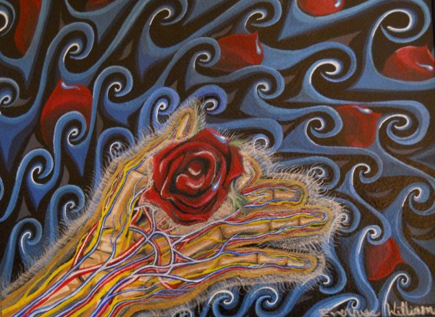 Hand with veins detailed holding a rose over a background of blue swirls. In some of the swirls are red shapes resembling rose petals. The artist's signature is in the bottom right.