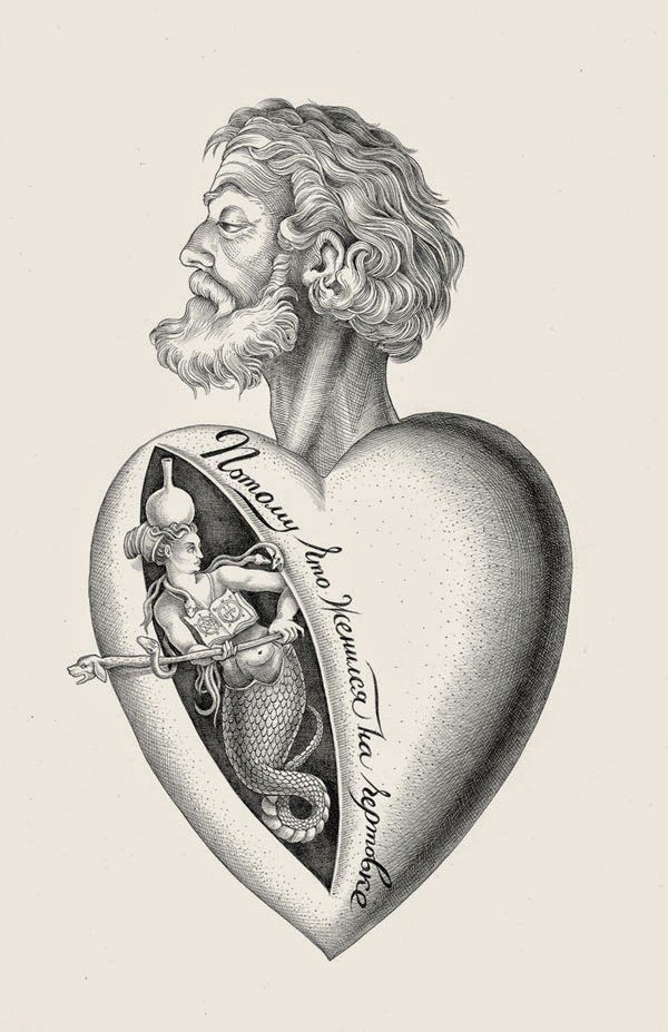 Image of a man's head on top of a heart with a succubus inside