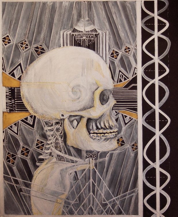 Skull, vertebrae, clavicle, and scapula surrounded by silver, gray, white, and some gold geometric designs. The skull contains a white and gray swirl near the temple area, and gray and white twisting lines resembling DNA with a straight line between them serve as a vertical border on the right side of the artwork.