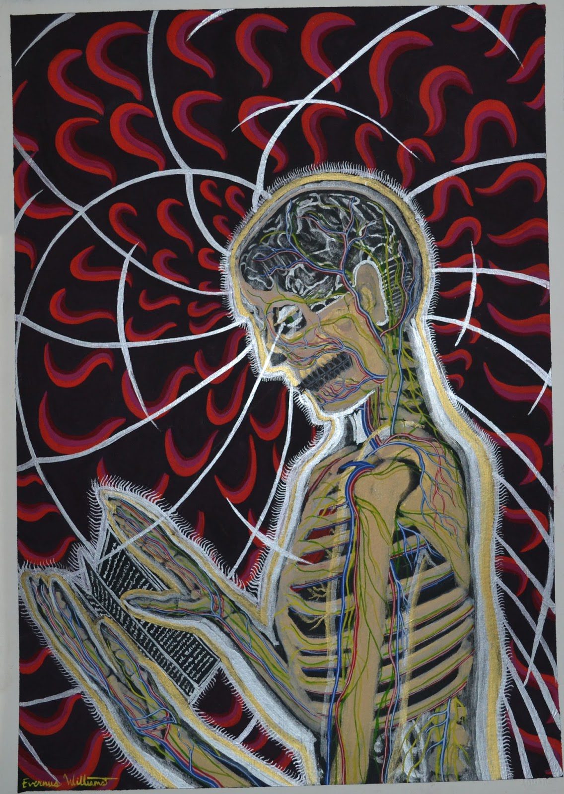 Anatomical side view (skeleton, blood vessels, brain) of person looking down at a book. A white line extends from the eyes and goes down to the book, while other white lines and red curls swirl around the person's head, depicting the wonders of thought and reading. The artist's signature is in the bottom left corner.