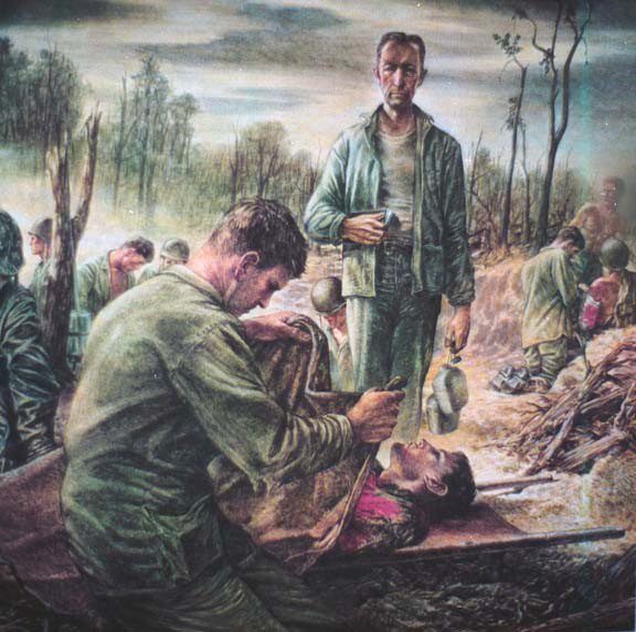 Art of a soldier with canteens looking at another pulling a sheet over a soldier on a stretcher in a makeshift medical treatment area. The horrors experienced in both battle and its aftermath can contribute to PTSD or battle fatigue in those who serve in the military.