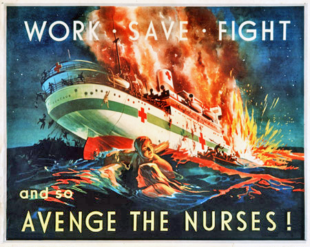 Artwork of fiery ship exploding with people jumping into the water and escaping in lifeboats. Two women are shown swimming in the foreground. Text across the top reads: "WORK • SAVE • FIGHT" and "and so / AVENGE THE NURSES !" across the bottom.