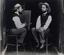 Photos of Lautrec manipulated to appear as if he is painting a portrait of himself, with the painter Lautrec, palette, and canvas on the left, while the subject Lautrec poses on the right. Photo for article on Toulouse-Lautrec syndrome