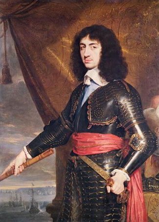 Painting of Charles II standing in black armor with curly shoulder-length dark hair