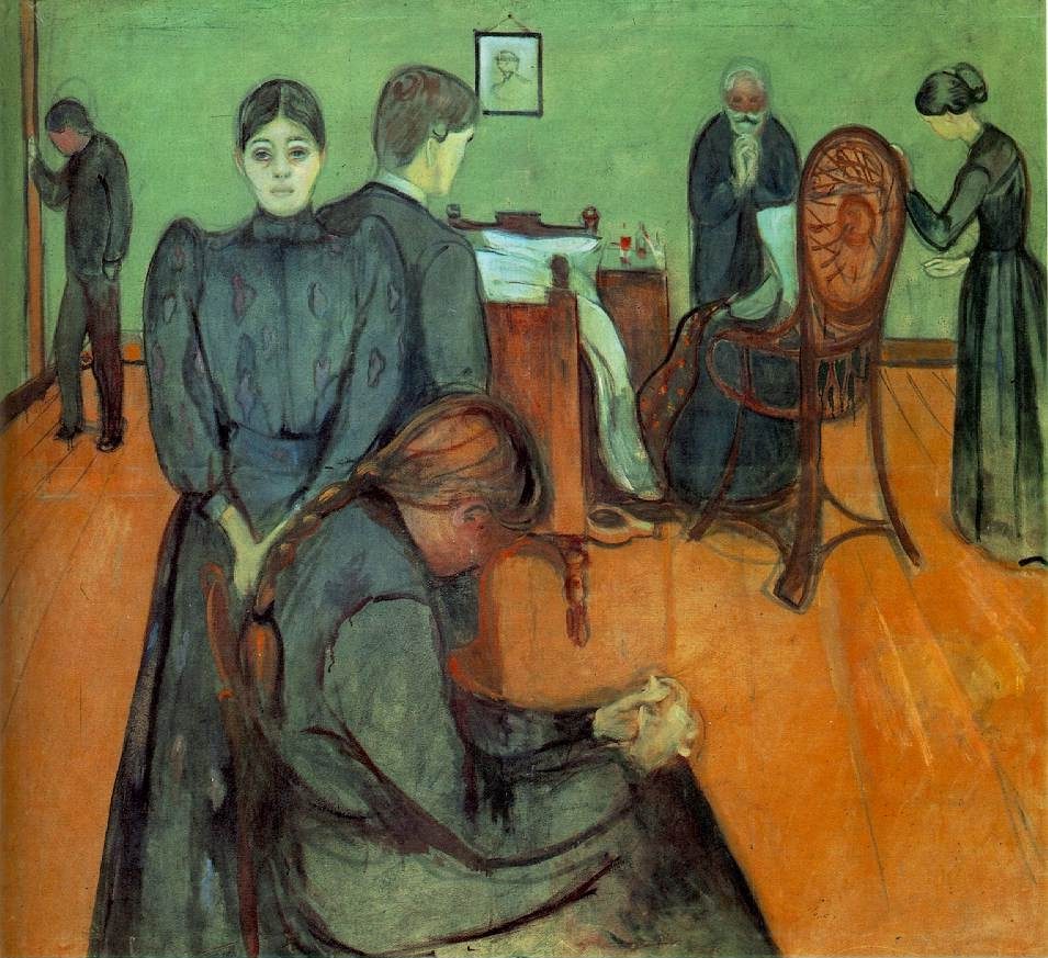 Pale individuals in black mourning at a bedside. Death in the Sick Chamber, 1895, Edvard Munch, Norwegian (1863-1944), Oil on canvas, 150 x 167.5 cm.
