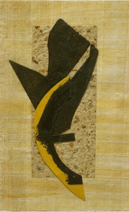 Mirrror of Madness by Mary Shannon, abstract artwork of a black/dark green shape resembling a lily or tulip with a yellow streak down the stem all on stone-like and linen-like textures.