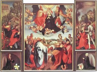 The Coronation of Mary as Queen of Heaven and Earth surrounded by panels of saints and martyrs