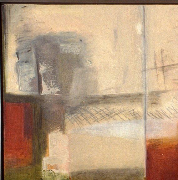 You can't see Schizophrenia by Mary Shannon, abstract artwork with pale whites and grays with some red and green in the lower half of a "horizon". 