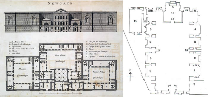 Architectural plans for NewGate Prison, London, c. 1800 (left)