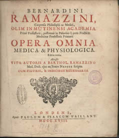 Cover page of Bernardino (here Bernardini) Ramazzini's Opera Omnia