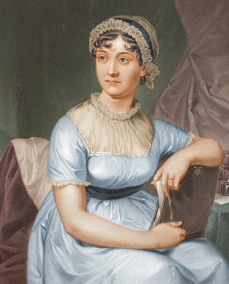 Jane Austen, a woman in a blue dress and bonnet seated facing left holding a manuscript