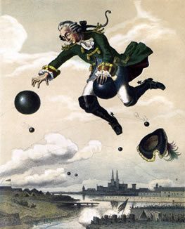Munchausen rides a cannonball as it flies through the air