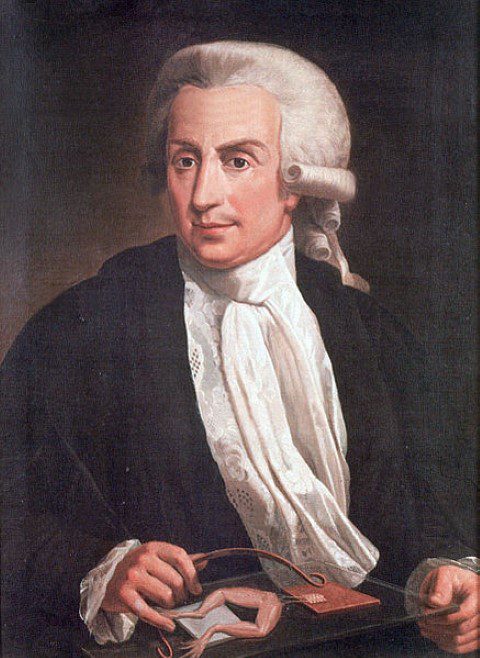 Portrait of Luigi Galvani (1737-1798). Man in white wig with frog legs.