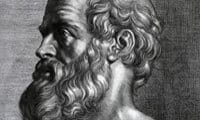 A black and white illustration of Hippocrates. Link to the Ethics section.