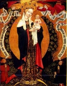 The Deštná (Destna) painting depicting the Blessed Virgin Mary with the Infant Jesus, angels, and saints. Mary, Jesus, and one of the angels are depicted with goiters.