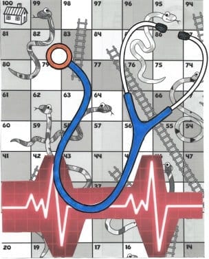 Snakes and Ladders board with stethoscope and electrocardiogram graphic