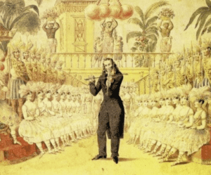 Drawing of Paganini playing violin with female dancers in white outfits and men dressed like guards