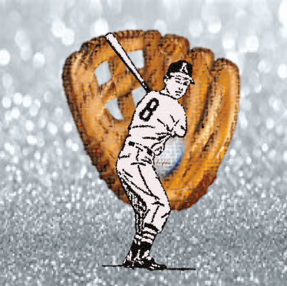 Drawing of baseball player in front of a pixelated mitt and ball against a background of silver sparkles