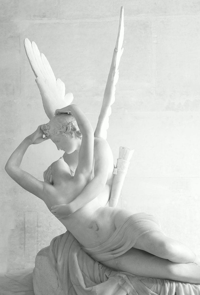 Cupid holding Psyche up from above while she embraces his head