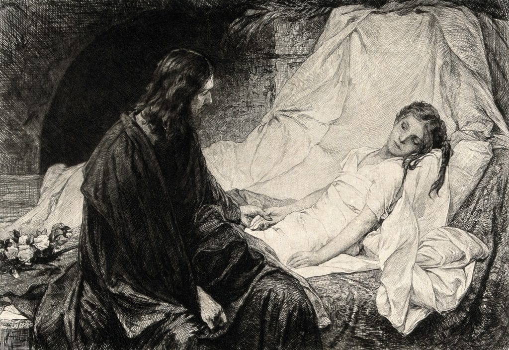 Christ holding a reclined young girl's hand