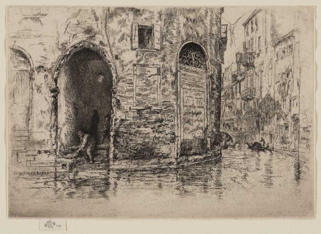 Etching of doors at a street corner. One contains people, another is closed.