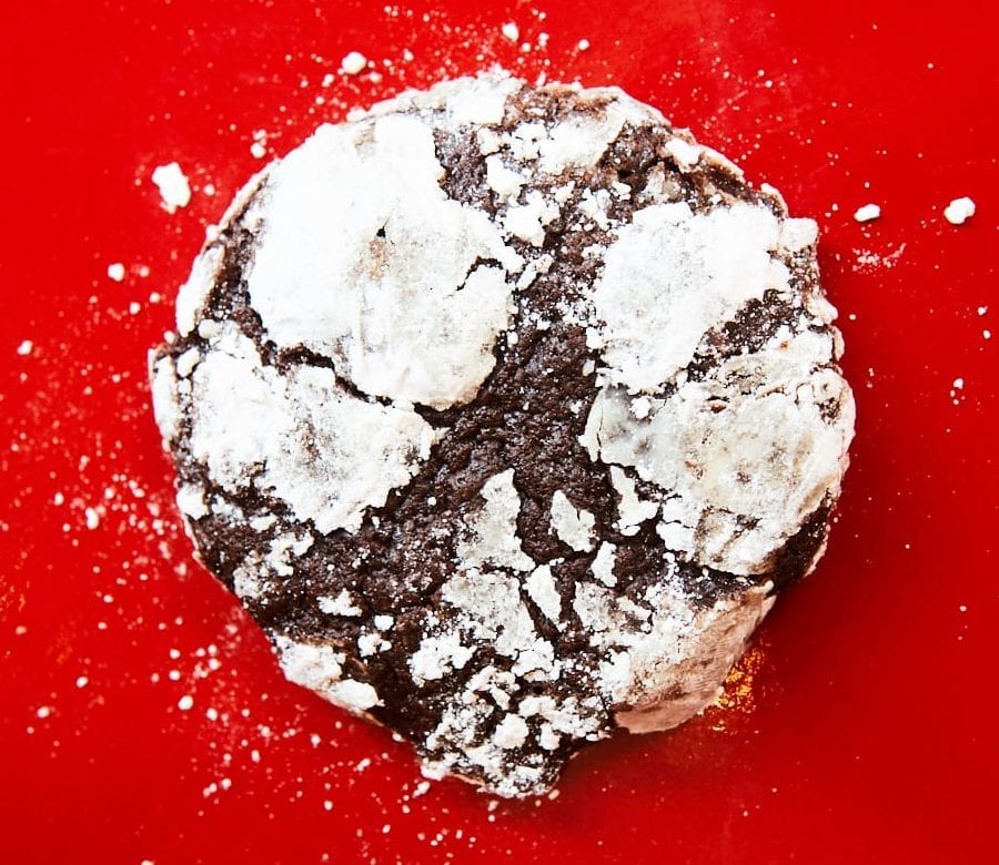 A close up photograph of a chocolate crinkle cookie. Link to the Food section.