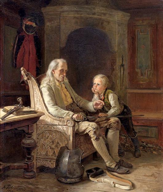 A young man stands beside an older man, who is holding a sword, a piece of armor at his feet, clearly sharing a story.
