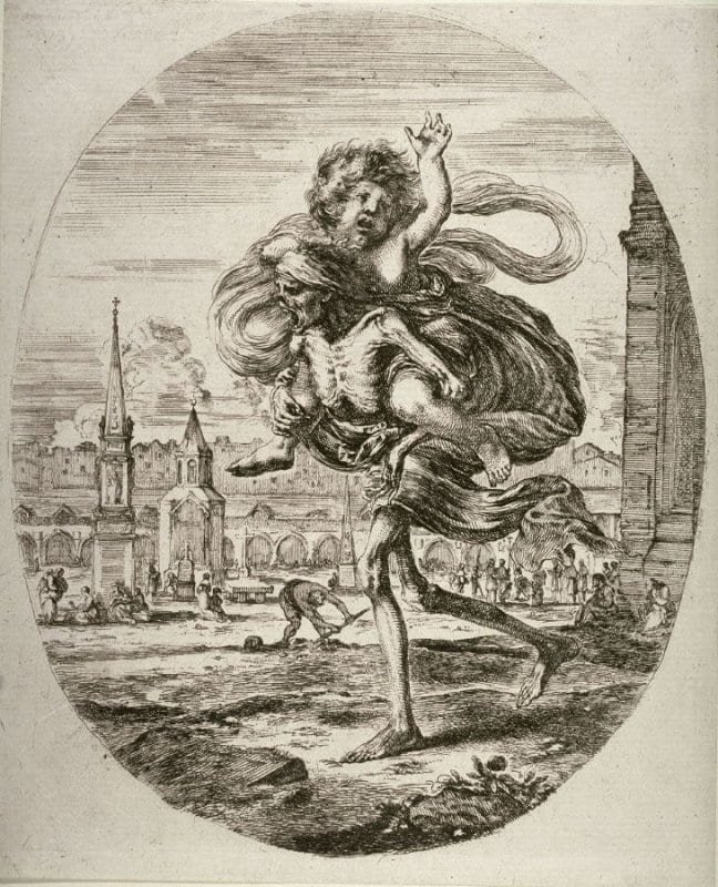 Black and white illustration of a skeletal man carrying off a child, who raises their hand to call for someone to save them. Death with a Child, from the series The Five Deaths. Stefano della Bella.