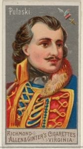 An advertisement featuring a color illustration of General Casimir Pulaski.