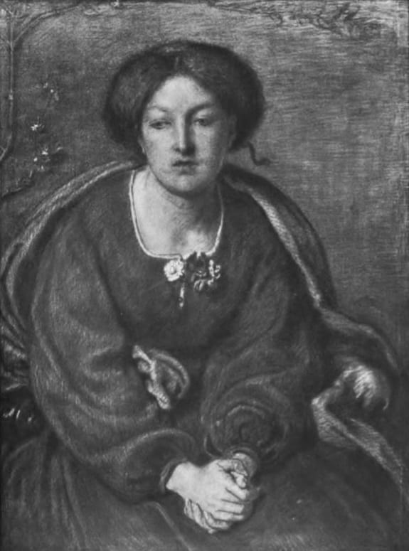 Black and white Illustration of Mrs. Ford Madox Brown. From: The Life of Ford Madox Brown, by Ford M Hueffer.