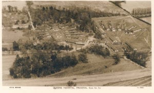 Aerial view of the Queen’s Hospital, c.1920. The operating theatres are in a horseshoe to the left centre of the photograph.