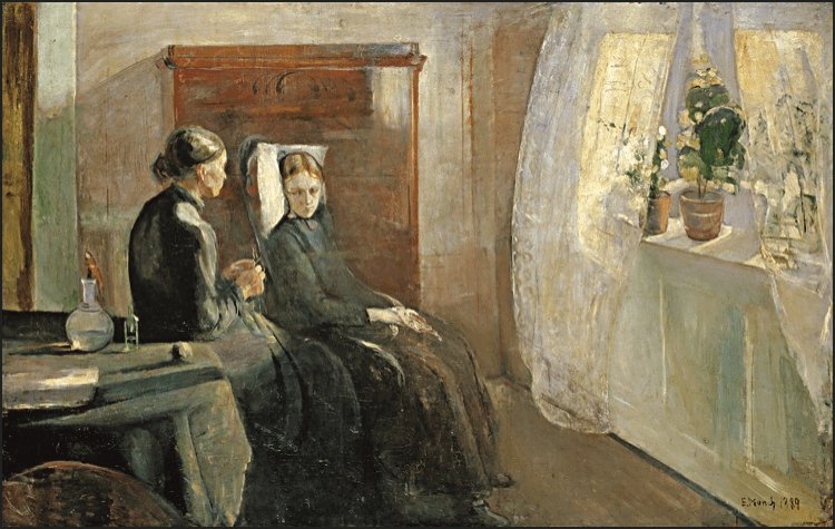 A sick child sits beside a woman in front of a bright, white window with billowing curtains.