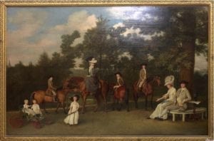 The painting of the Wedgwood family by George Stubbs, c 1780. The parents, Josiah and Sarah are seated. On horses, left to right, are Tom, Susannah, Josiah II, and John. Mary Ann is seated in the cart, partly supported by her elder sister Sarah and pulled by Catherine. 