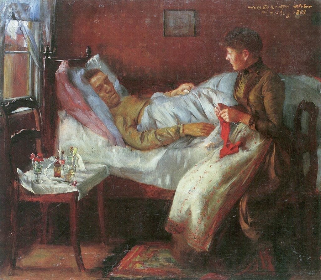 Lovis Corinth's His Father on his Sickbed: a young woman sits at the bedside of an ailing man.