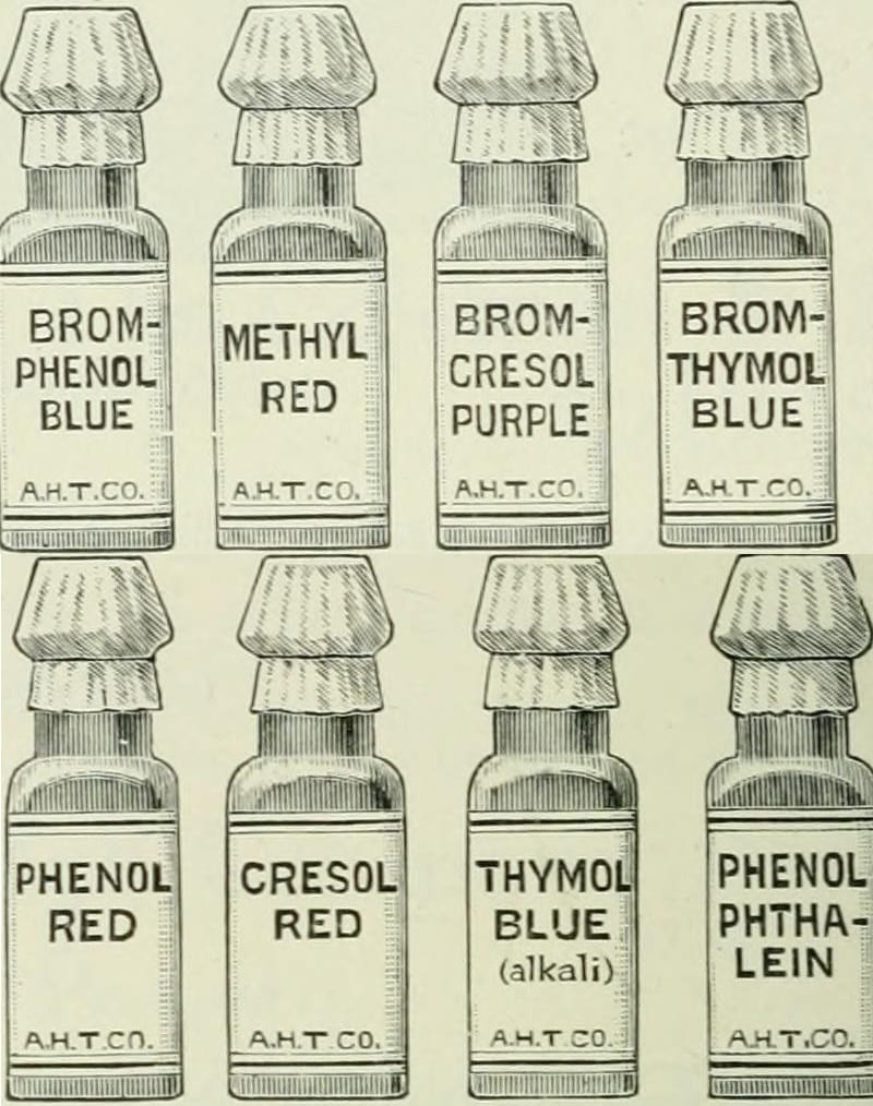 An illustration of rows of bottles of pH indicators.