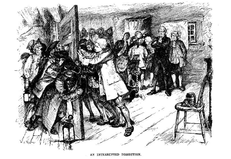 1788 illustration of an interrupted dissection. A group of students push against a door while a mob presses to get in.