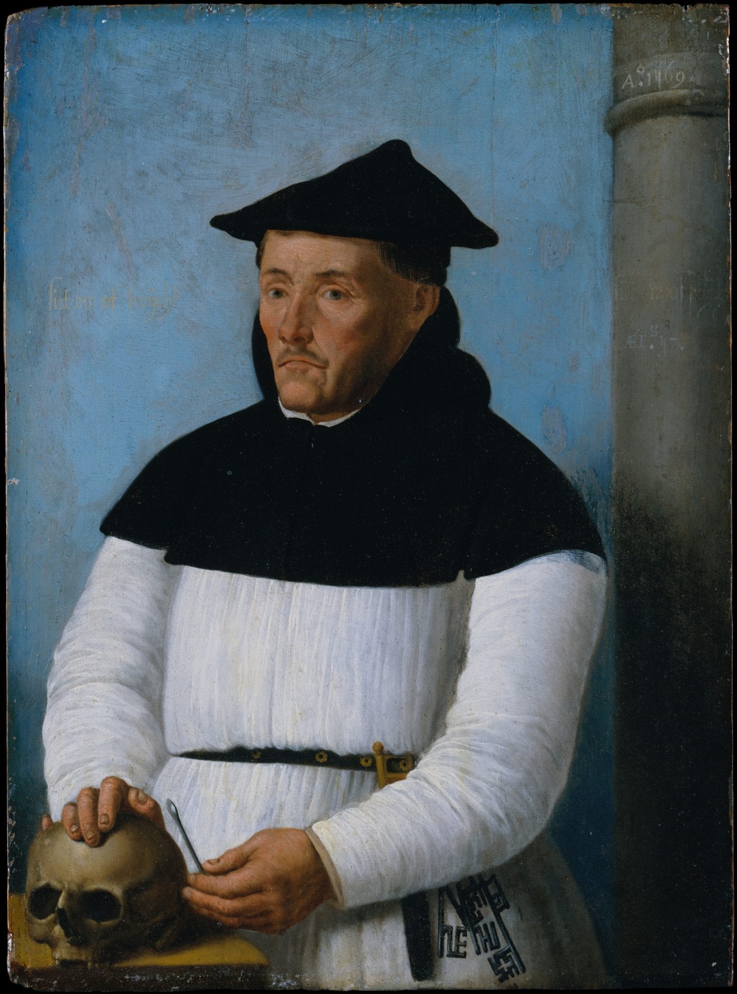 A portrait of an unnamed surgeon. He is accompanied by tools of the surgeon's trade.