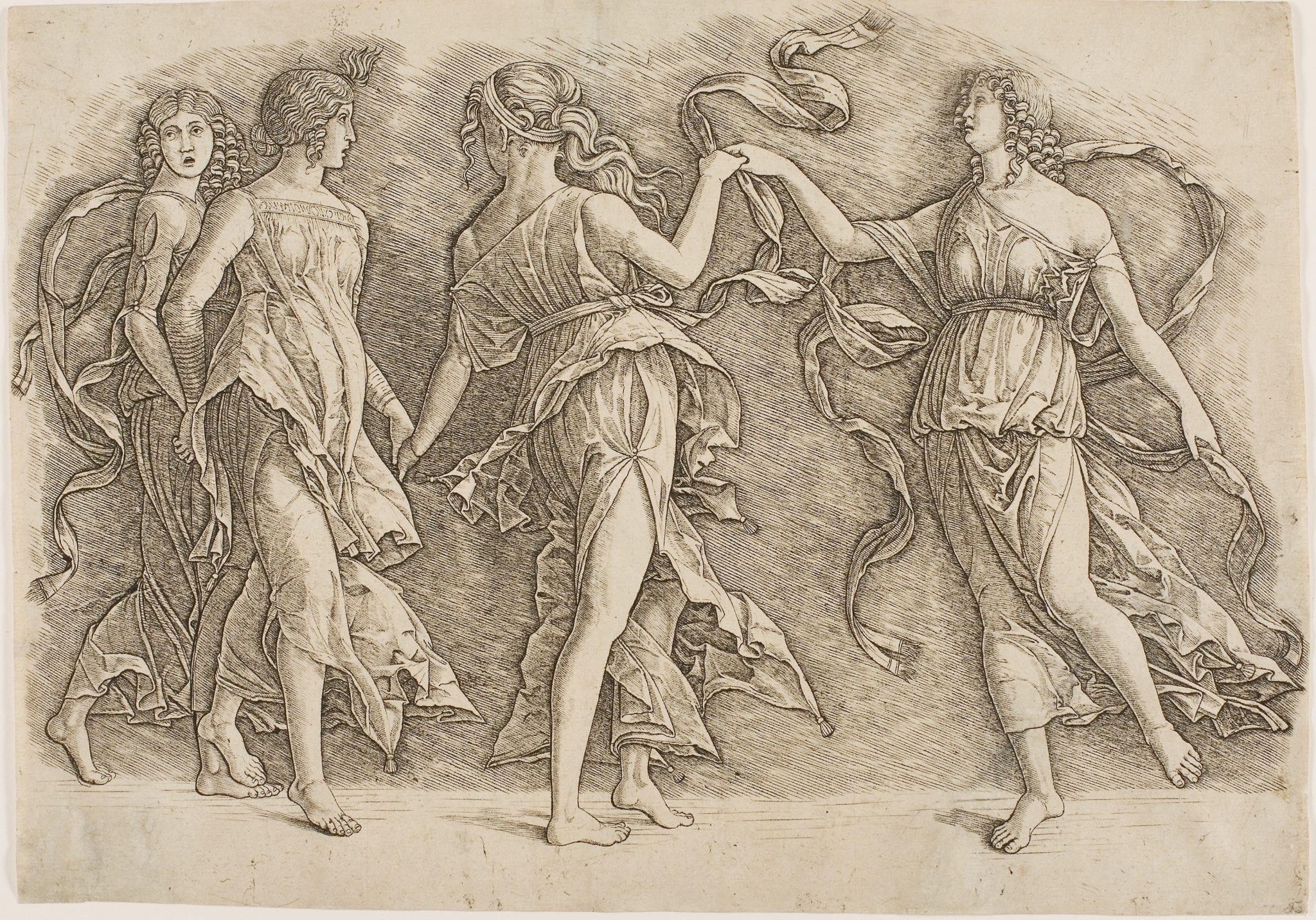 Print of four women dancing while holding hands